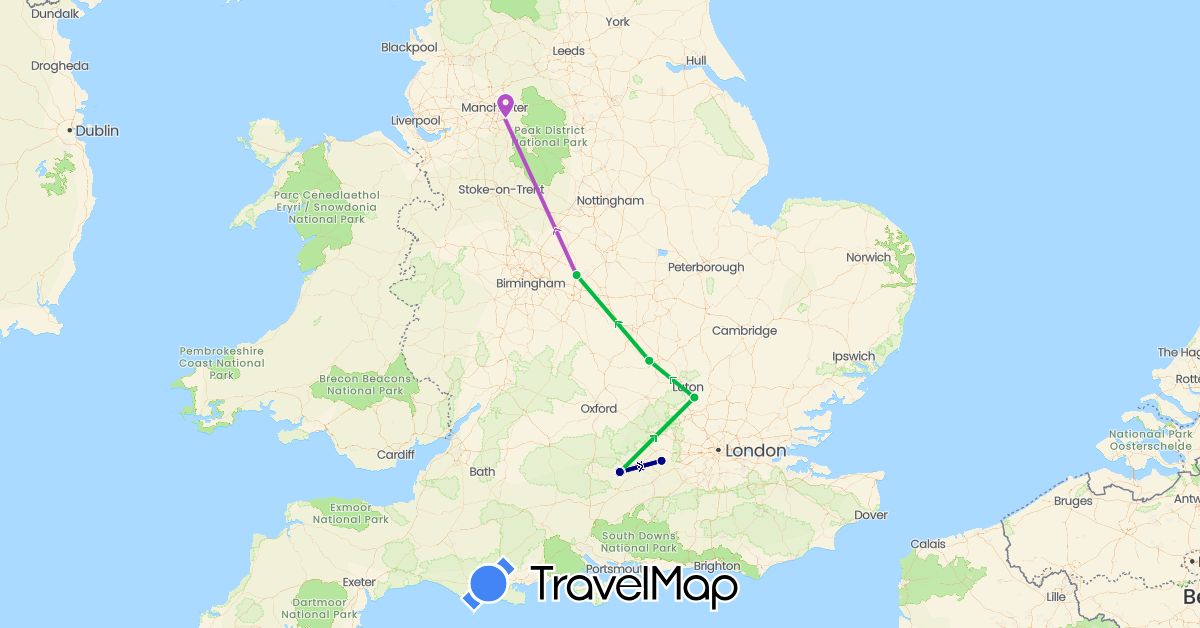 TravelMap itinerary: driving, bus, train in United Kingdom (Europe)